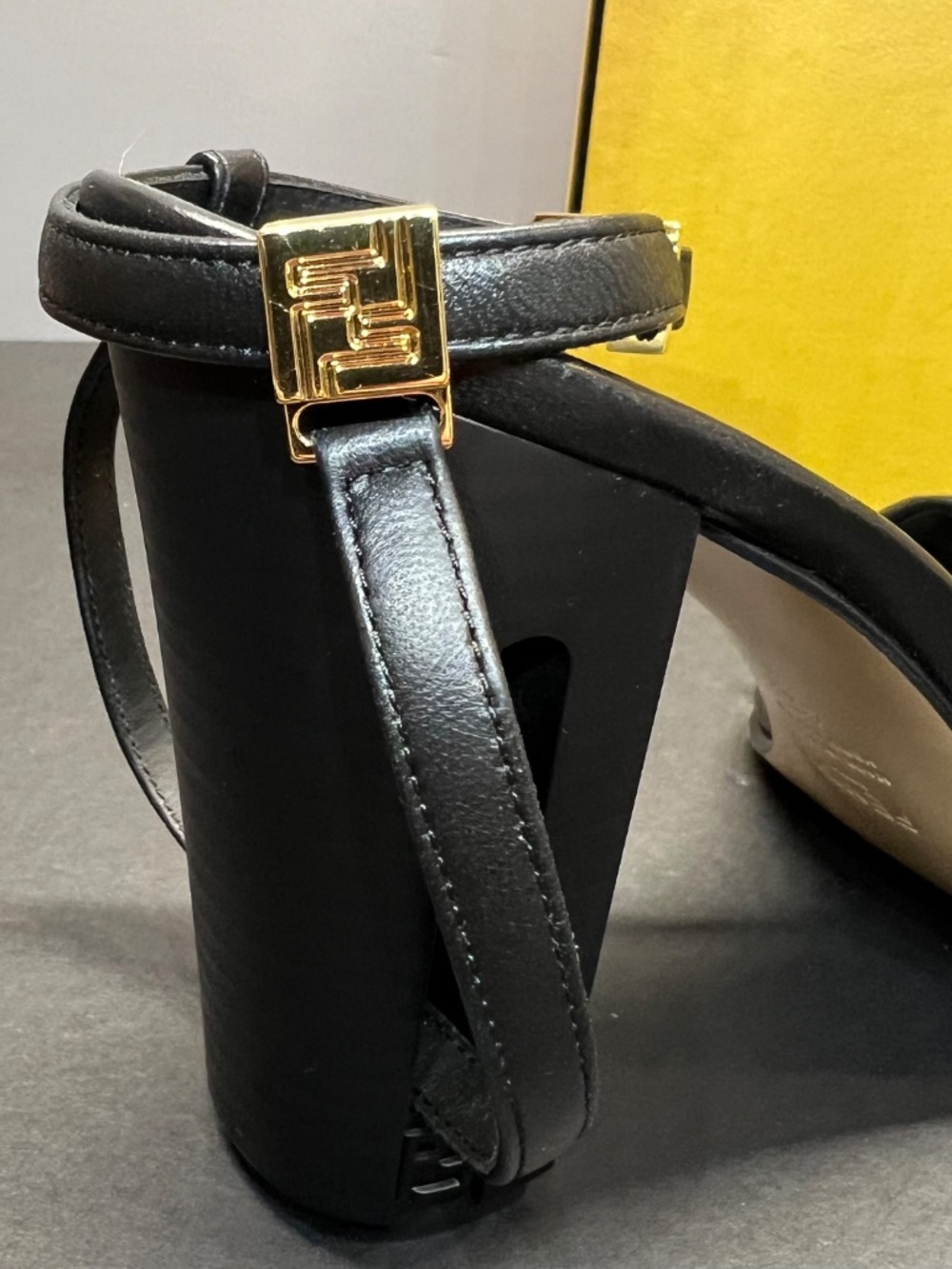 New Fendi Delfina Sandal Black Leather Ankle Strap High Heeled Logo Shoe sz 12 / - Picture 6 of 10
